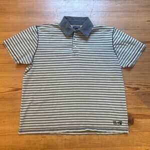 Lucky Brand 90s gray green striped denim short sleeve polo shirt SIZE XL